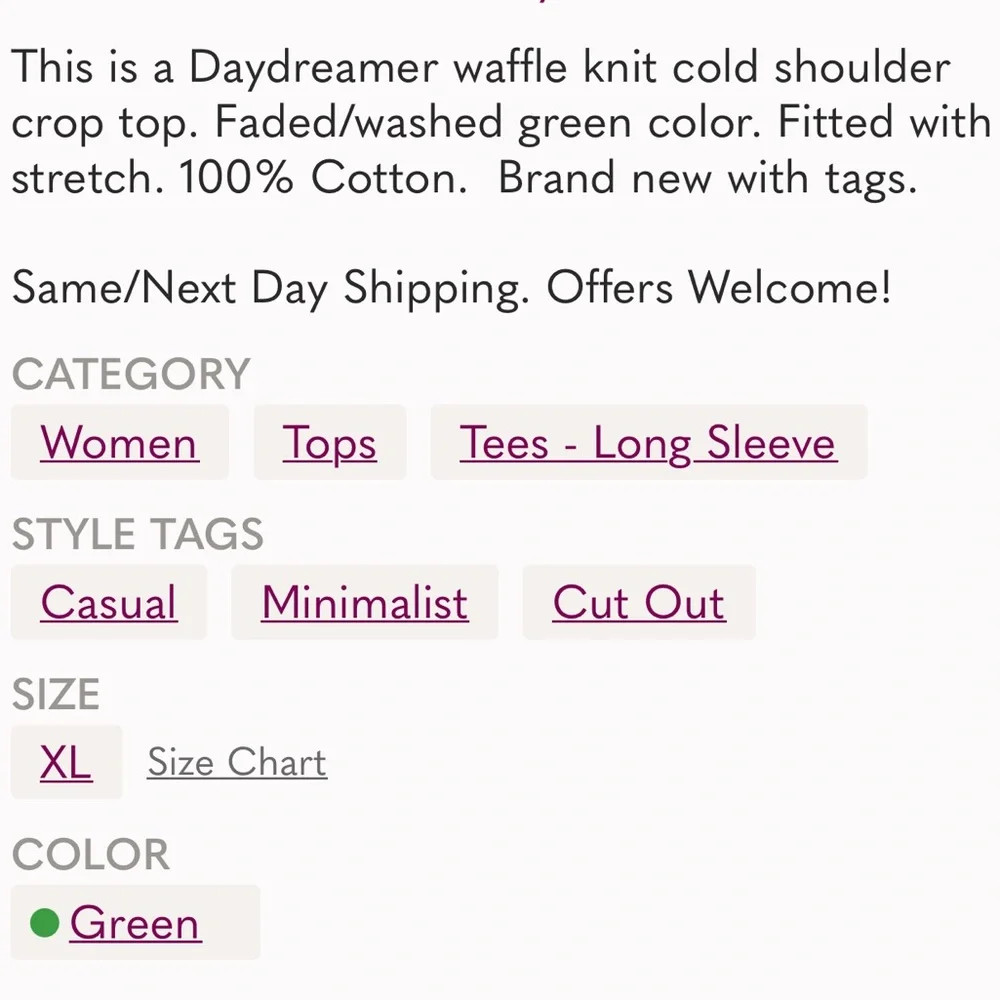 NWT $80 Daydreamer Long Sleeve Cold Shoulder Crop Top In Green Meadow Mineral - Picture 8 of 8